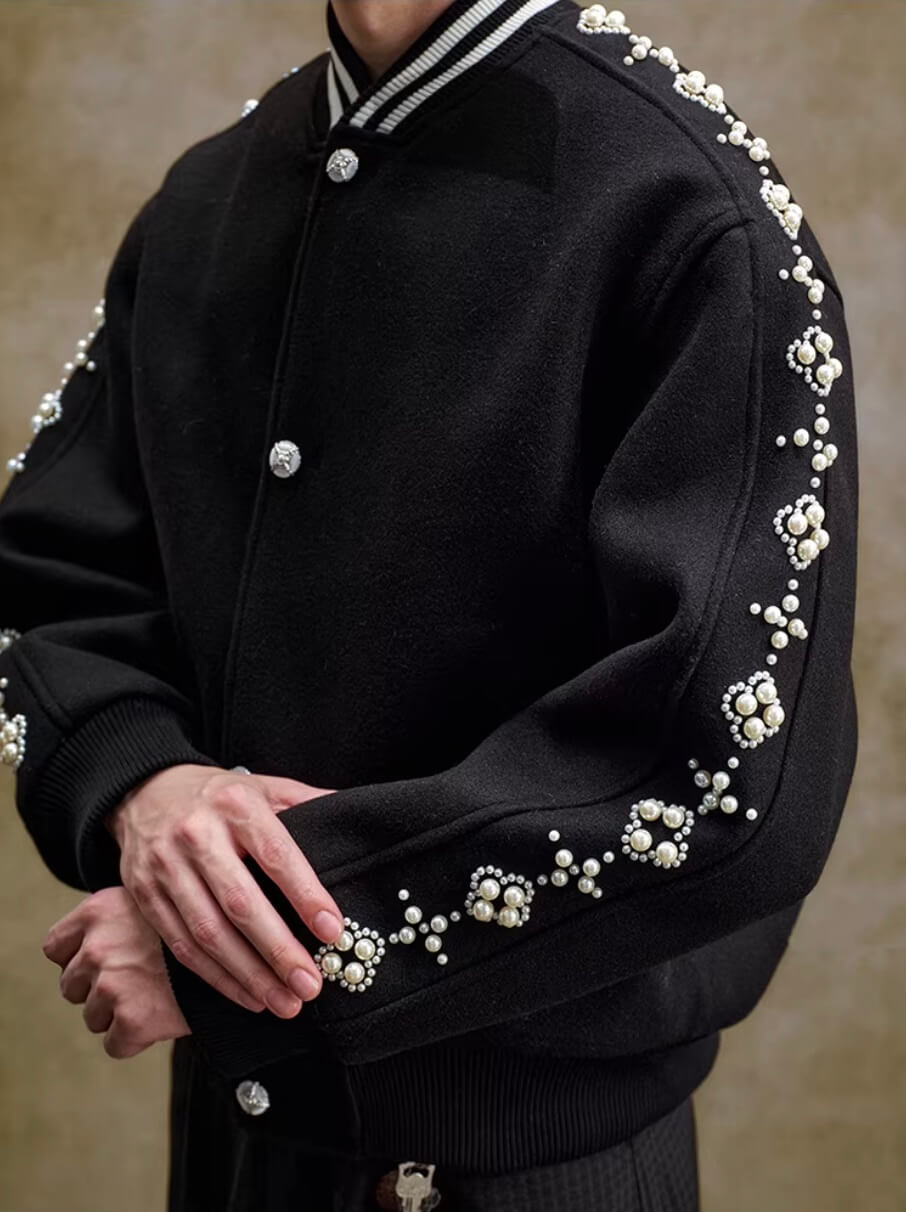 YADcrew Pearl Studded Metal Button Varsity Jacket