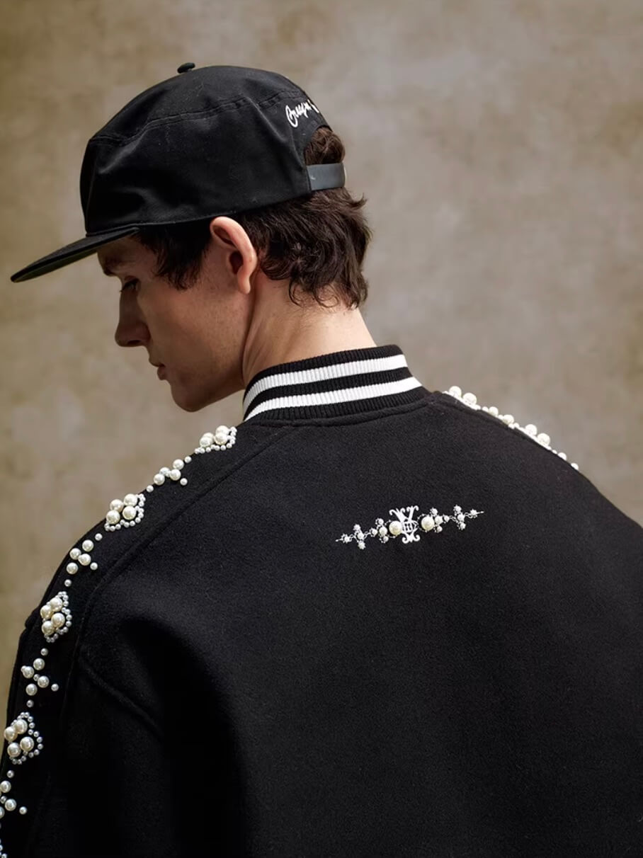 YADcrew Pearl Studded Metal Button Varsity Jacket