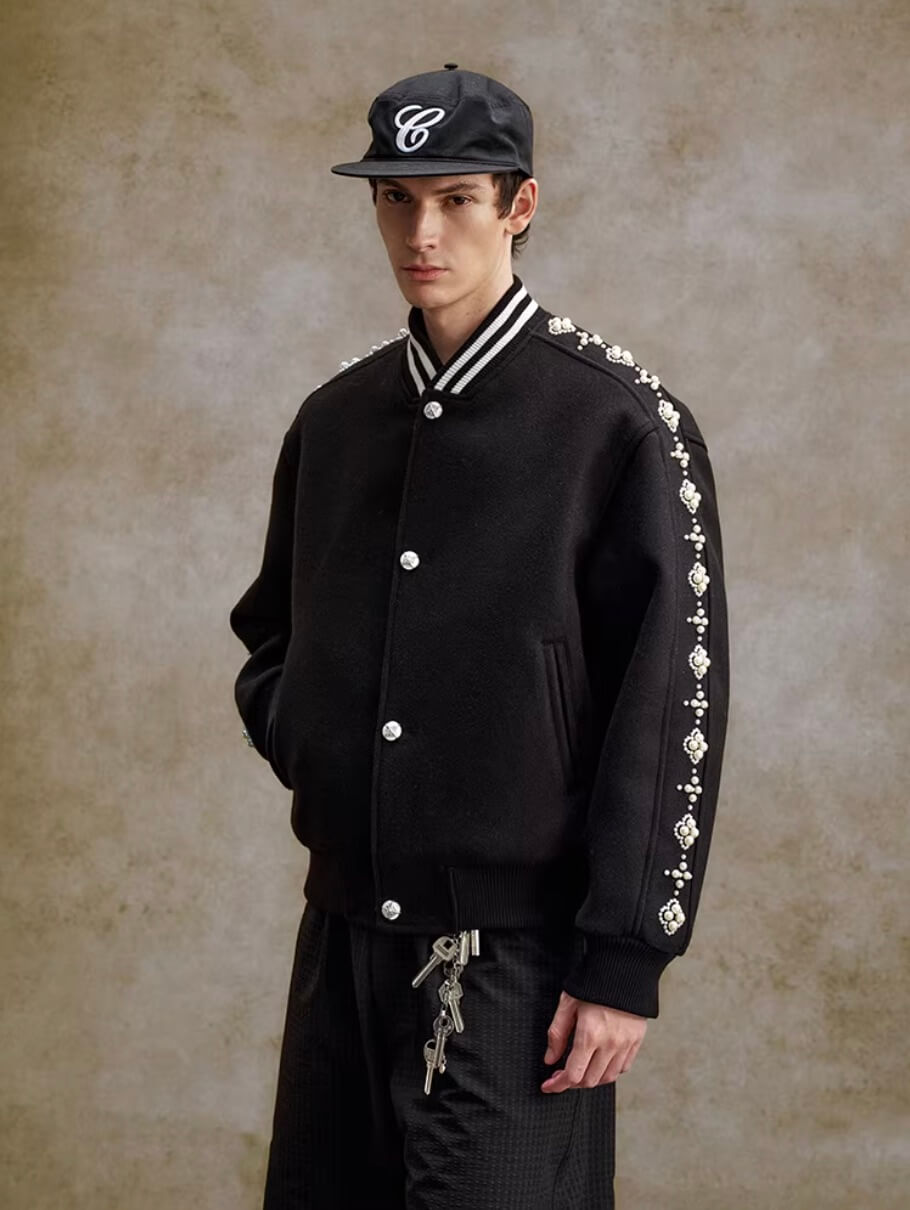 YADcrew Pearl Studded Metal Button Varsity Jacket