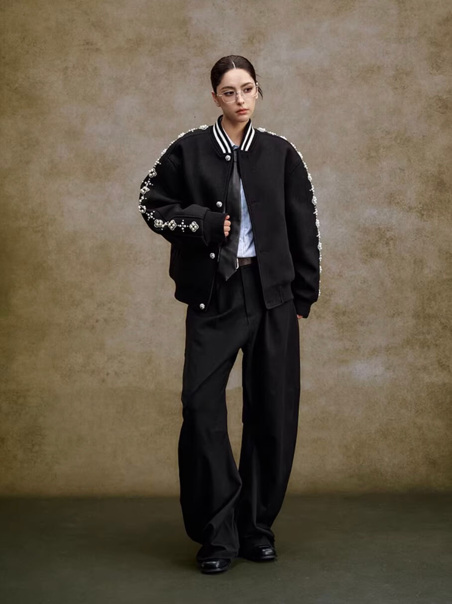 YADcrew Pearl Studded Metal Button Varsity Jacket