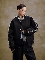 YADcrew Pearl Studded Metal Button Varsity Jacket