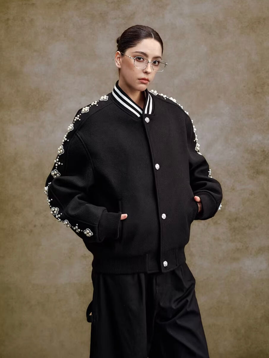 YADcrew Pearl Studded Metal Button Varsity Jacket
