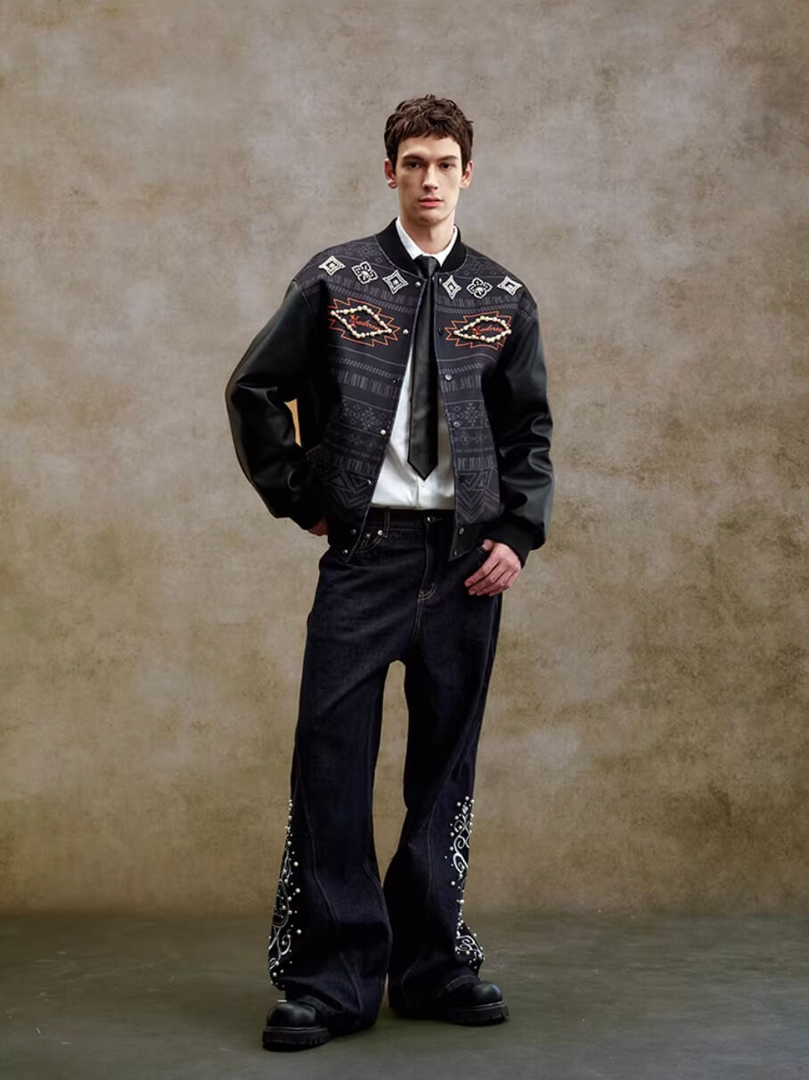 YADcrew Pearl Studded Ethnic Varsity Jacket