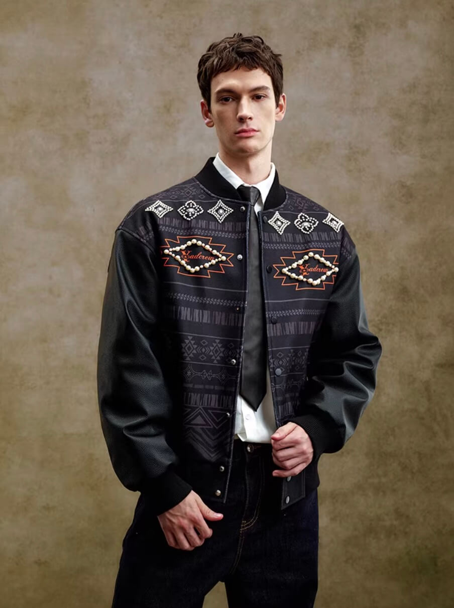 YADcrew Pearl Studded Ethnic Varsity Jacket