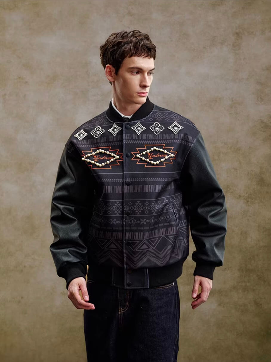YADcrew Pearl Studded Ethnic Varsity Jacket