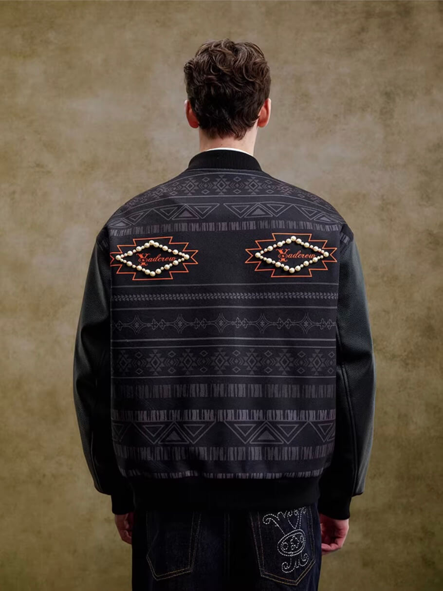 YADcrew Pearl Studded Ethnic Varsity Jacket