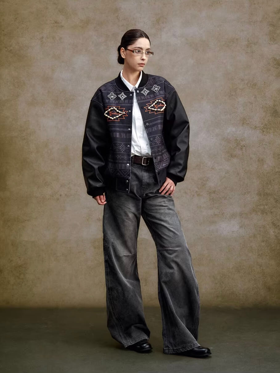 YADcrew Pearl Studded Ethnic Varsity Jacket