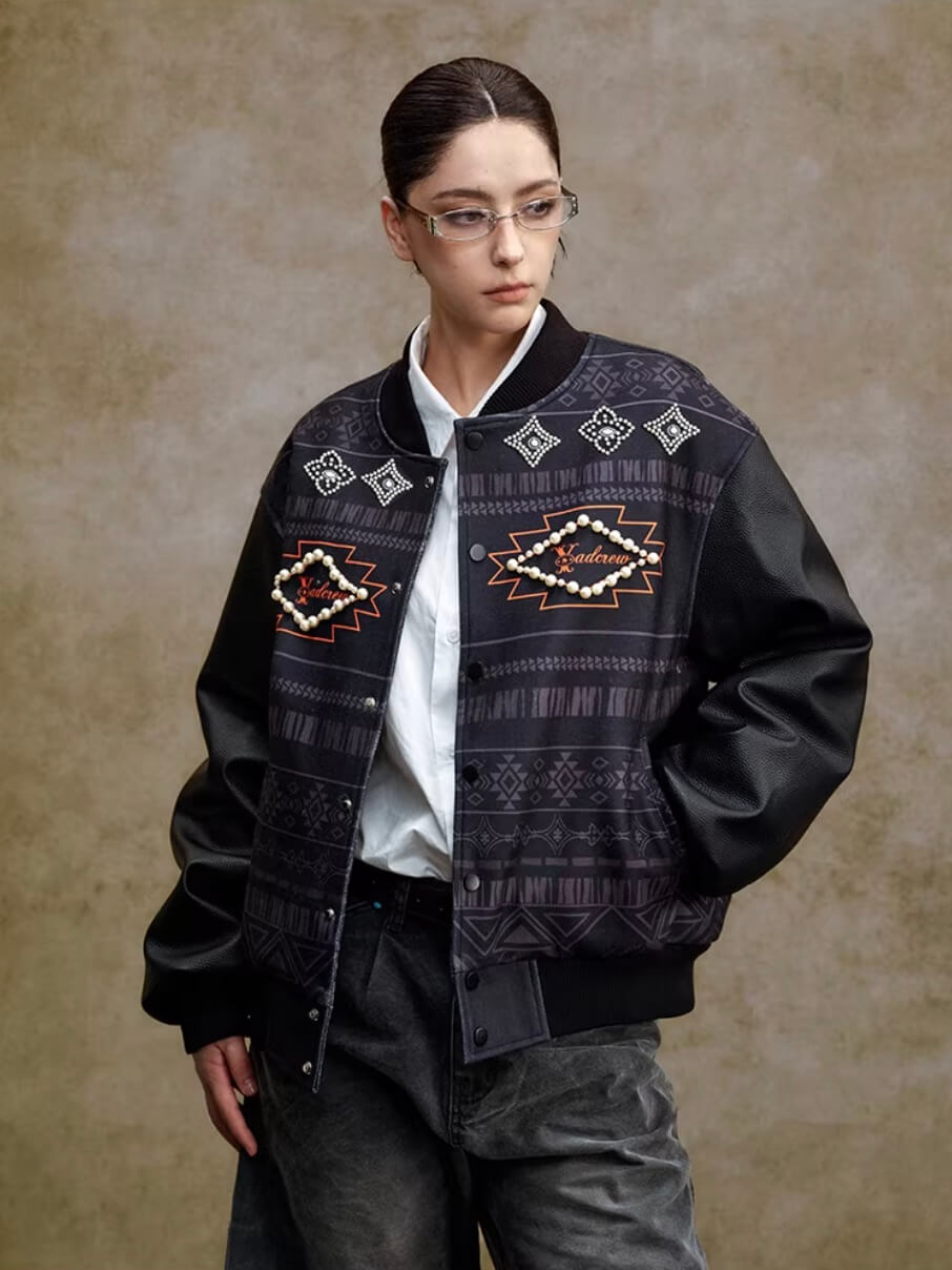 YADcrew Pearl Studded Ethnic Varsity Jacket