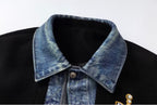 YADcrew Pearl Studded Digital Denim Varsity Jacket