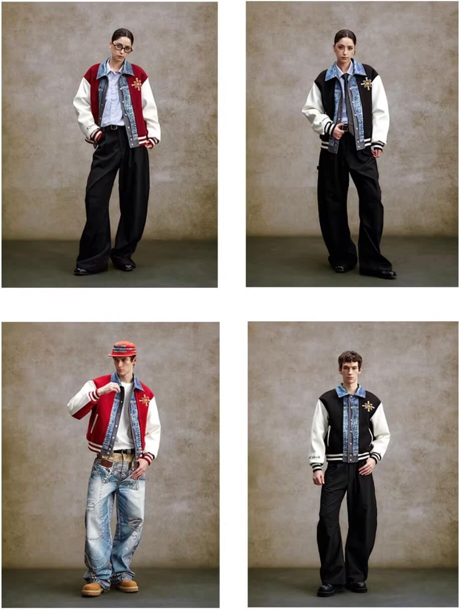 YADcrew Pearl Studded Digital Denim Varsity Jacket