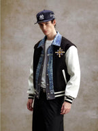 YADcrew Pearl Studded Digital Denim Varsity Jacket