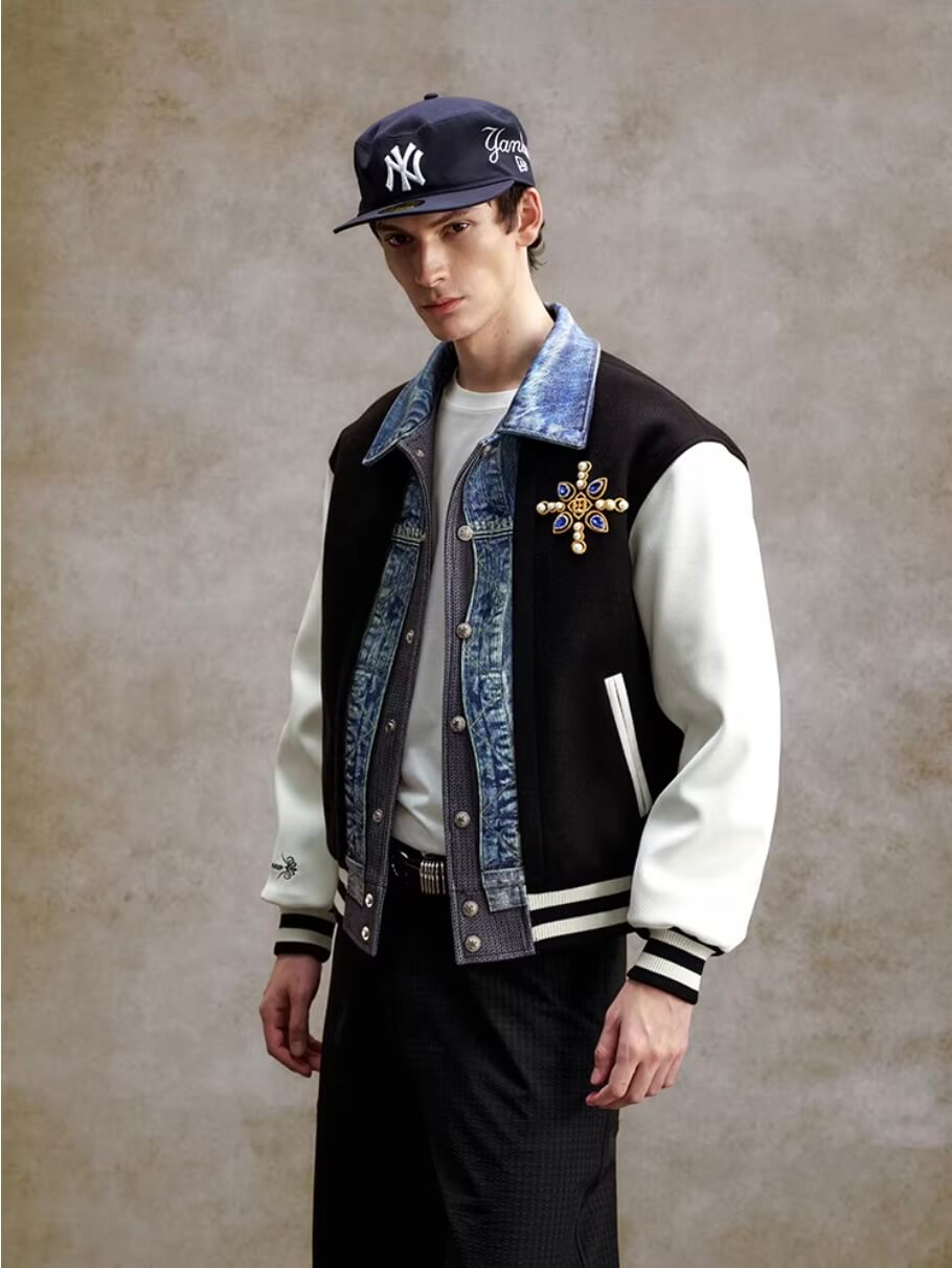 YADcrew Pearl Studded Digital Denim Varsity Jacket
