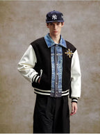 YADcrew Pearl Studded Digital Denim Varsity Jacket