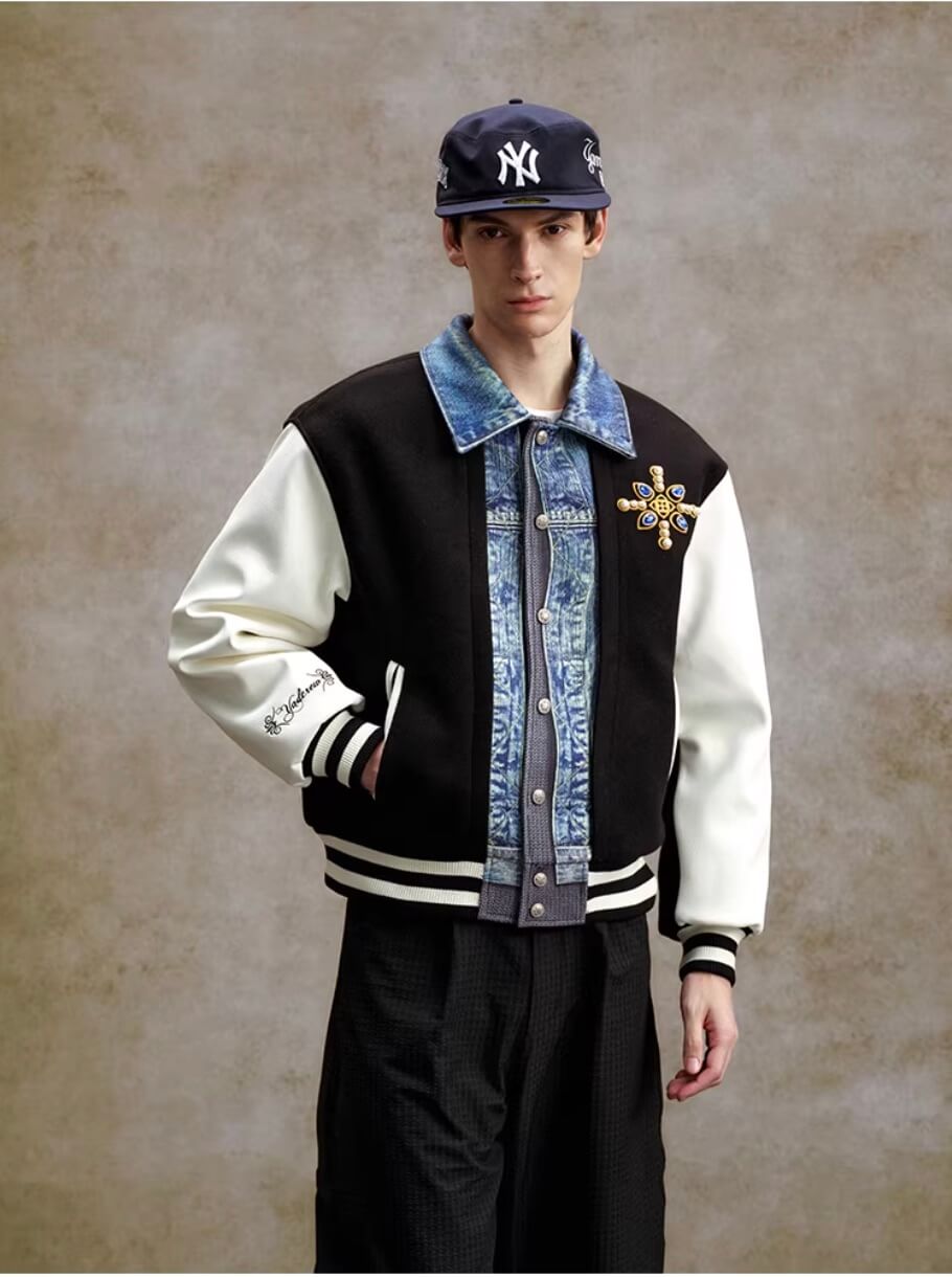 YADcrew Pearl Studded Digital Denim Varsity Jacket
