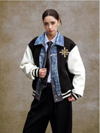 YADcrew Pearl Studded Digital Denim Varsity Jacket