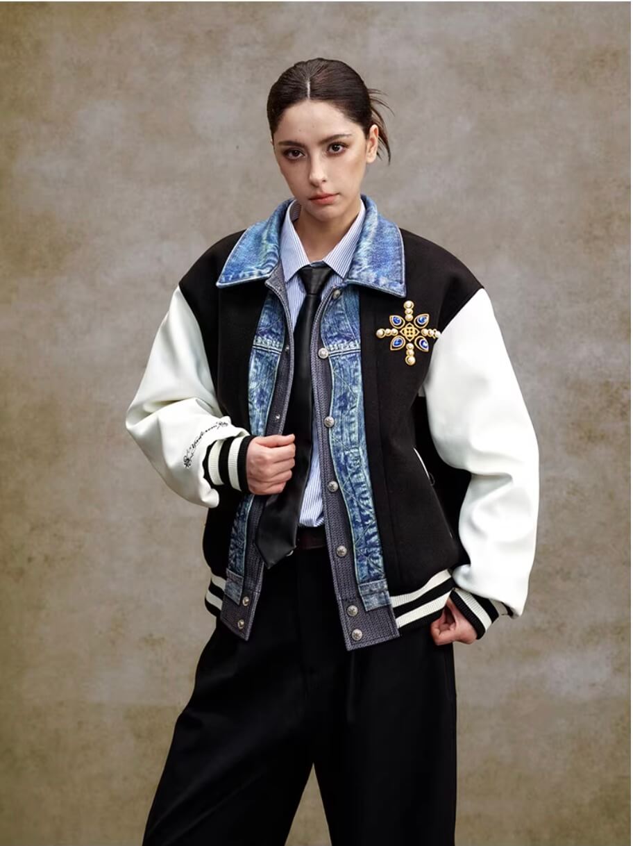 YADcrew Pearl Studded Digital Denim Varsity Jacket