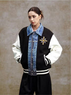 YADcrew Pearl Studded Digital Denim Varsity Jacket