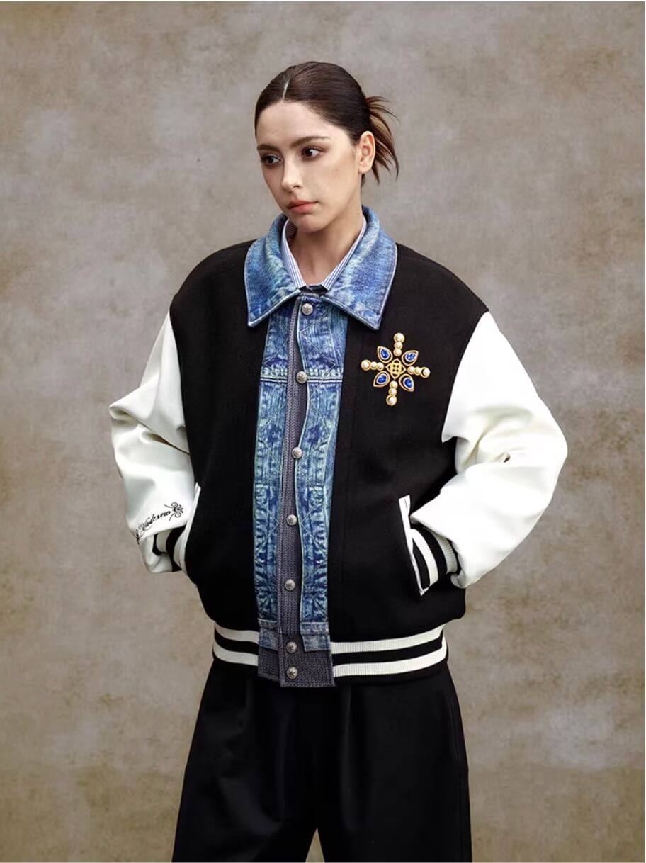 YADcrew Pearl Studded Digital Denim Varsity Jacket
