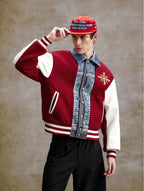 YADcrew Pearl Studded Digital Denim Varsity Jacket