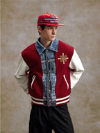 YADcrew Pearl Studded Digital Denim Varsity Jacket