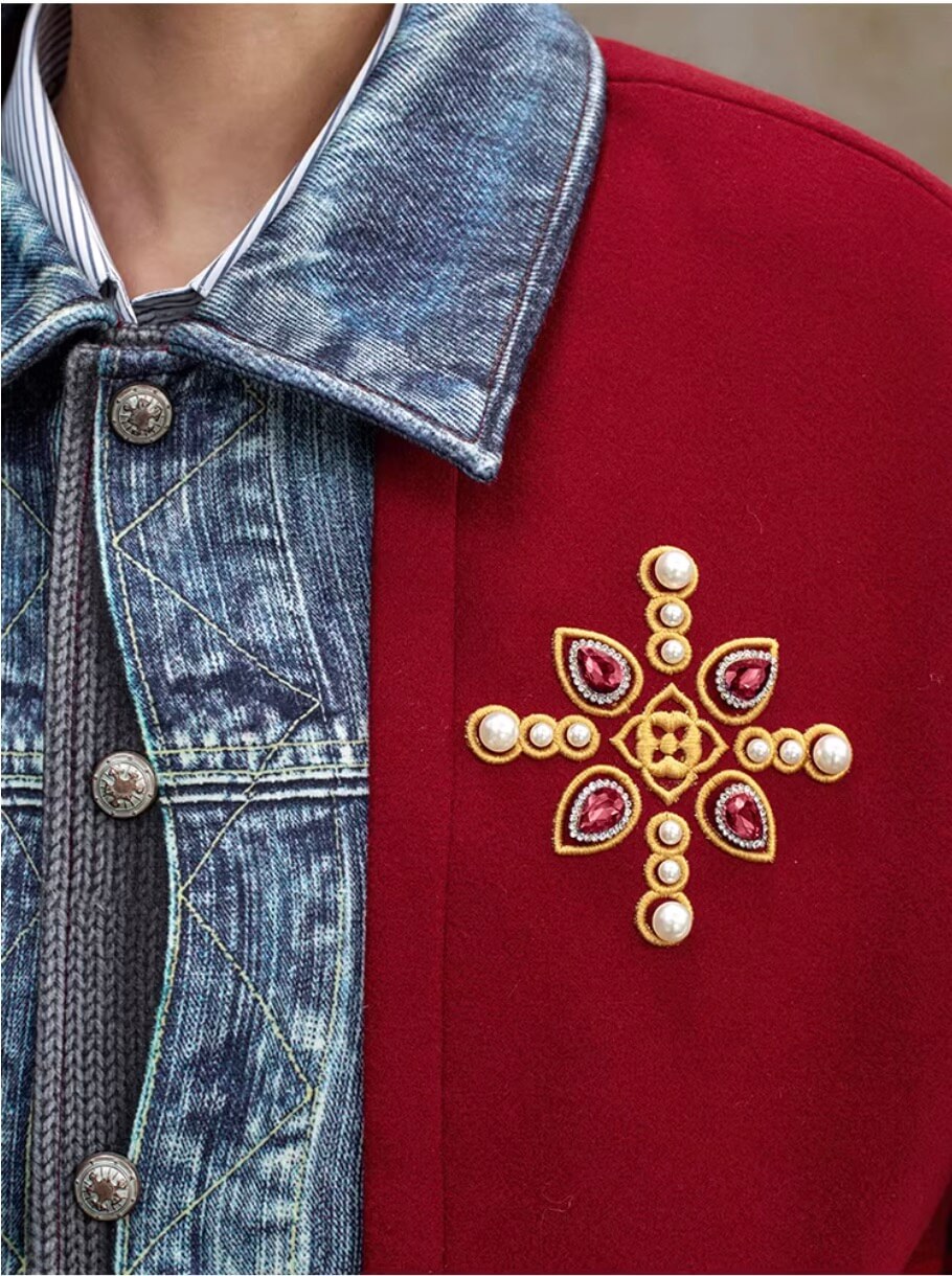 YADcrew Pearl Studded Digital Denim Varsity Jacket