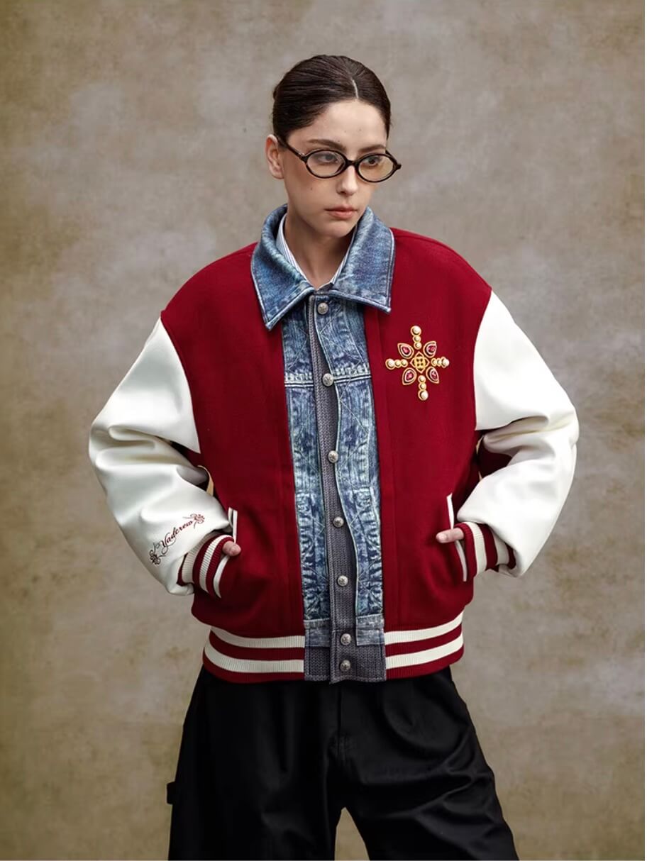 YADcrew Pearl Studded Digital Denim Varsity Jacket