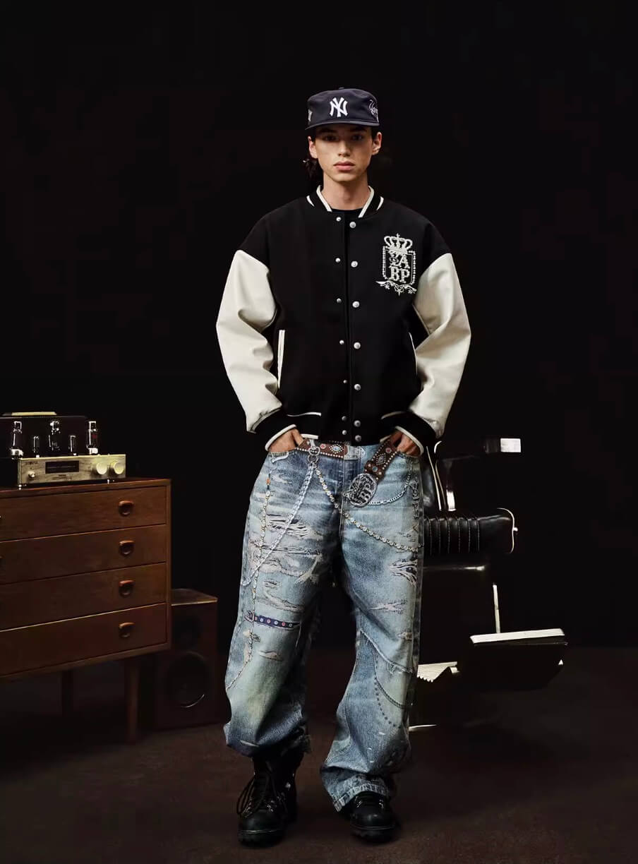 YADcrew x BIPOLAR Embroidered Pearl Beaded Varsity Jacket