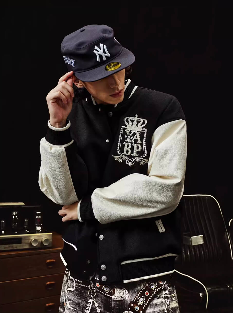 YADcrew x BIPOLAR Embroidered Pearl Beaded Varsity Jacket