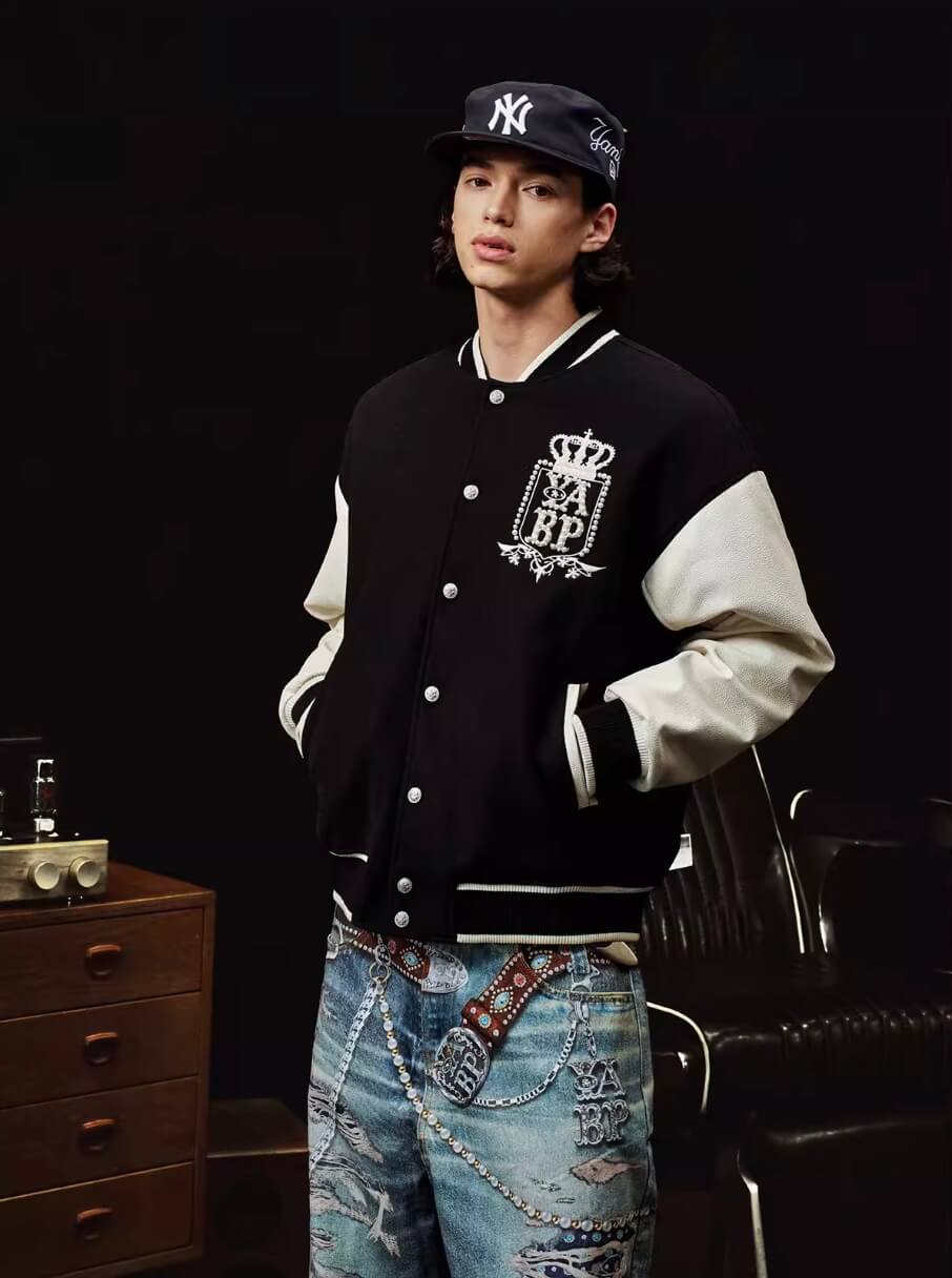 YADcrew x BIPOLAR Embroidered Pearl Beaded Varsity Jacket