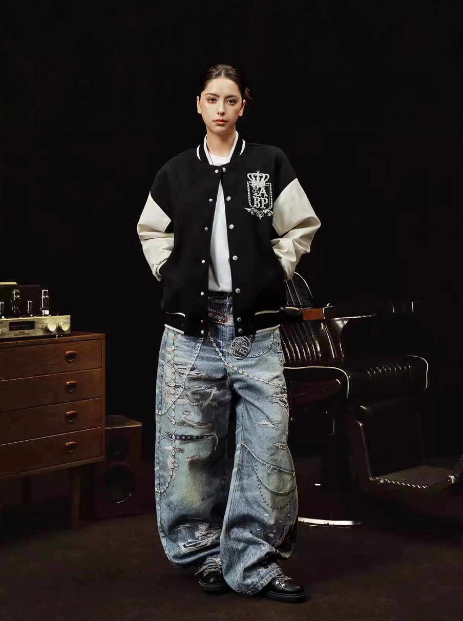 YADcrew x BIPOLAR Embroidered Pearl Beaded Varsity Jacket