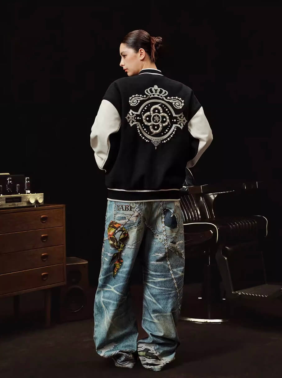 YADcrew x BIPOLAR Embroidered Pearl Beaded Varsity Jacket
