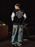YADcrew x BIPOLAR Embroidered Pearl Beaded Varsity Jacket