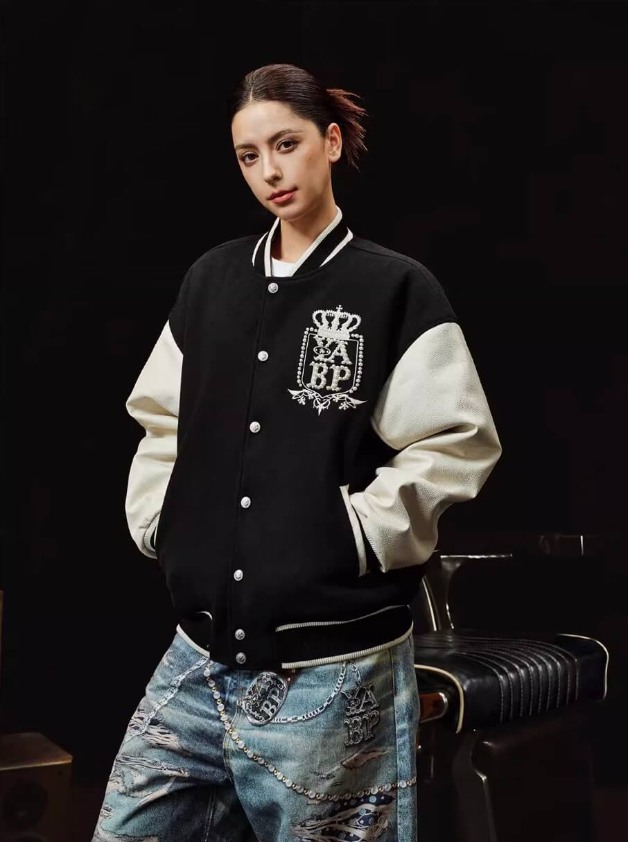 YADcrew x BIPOLAR Embroidered Pearl Beaded Varsity Jacket