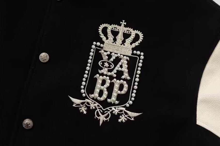 YADcrew x BIPOLAR Embroidered Pearl Beaded Varsity Jacket