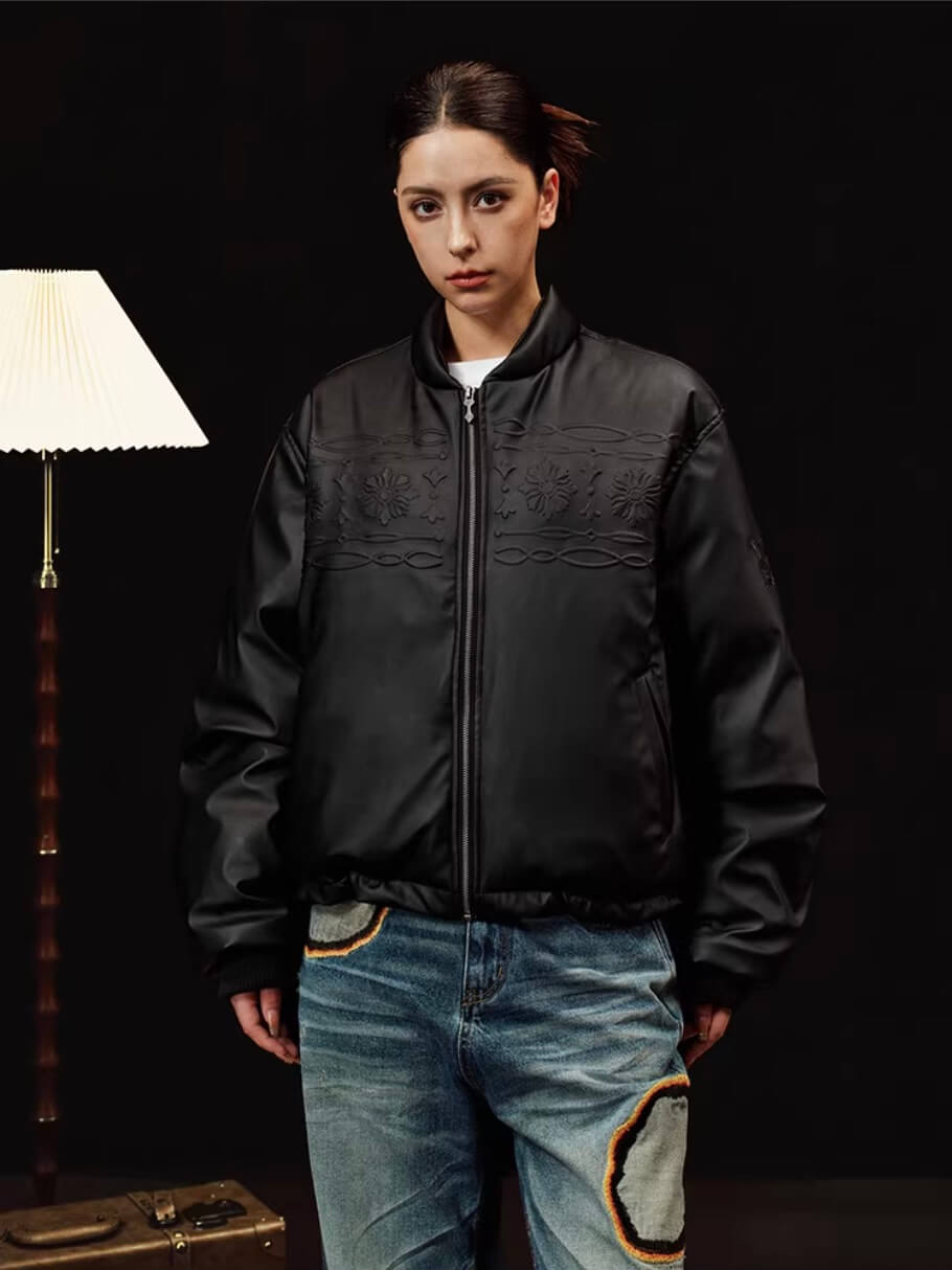 YADcrew Embossed PU Leather Down Jacket