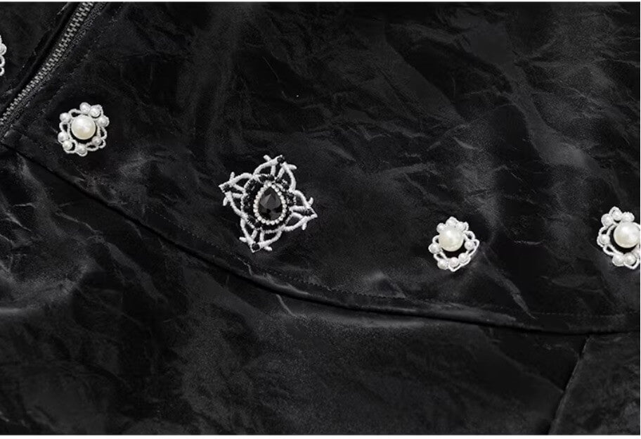 YADcrew Velvet PU Leather Pearl Jewelry Bomber Jacket