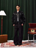 YADcrew Velvet PU Leather Pearl Jewelry Bomber Jacket