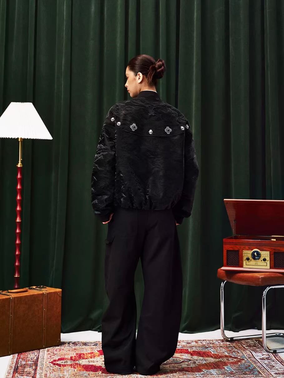 YADcrew Velvet PU Leather Pearl Jewelry Bomber Jacket