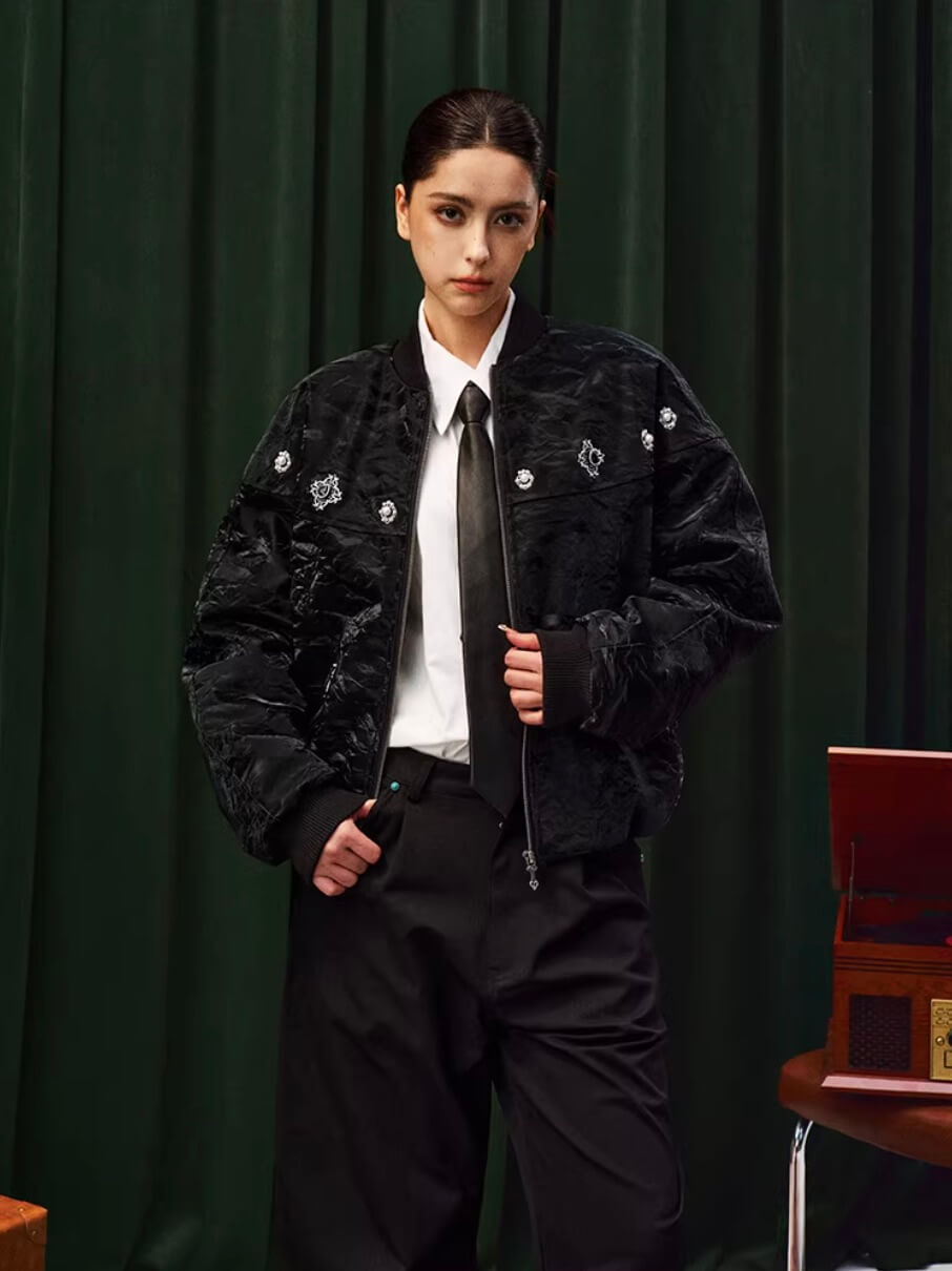 YADcrew Velvet PU Leather Pearl Jewelry Bomber Jacket