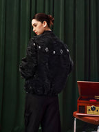 YADcrew Velvet PU Leather Pearl Jewelry Bomber Jacket