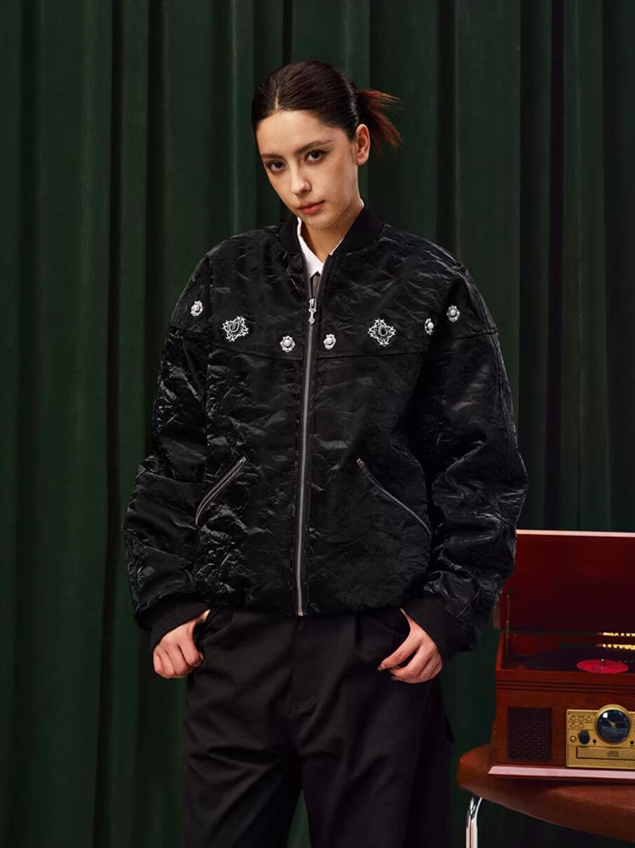 YADcrew Velvet PU Leather Pearl Jewelry Bomber Jacket