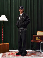 YADcrew Velvet PU Leather Pearl Jewelry Bomber Jacket
