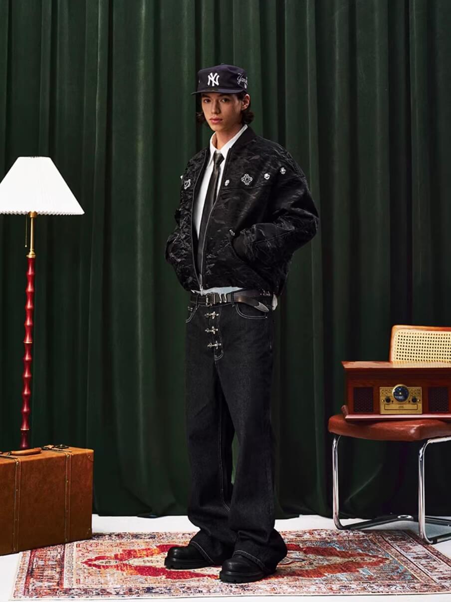 YADcrew Velvet PU Leather Pearl Jewelry Bomber Jacket