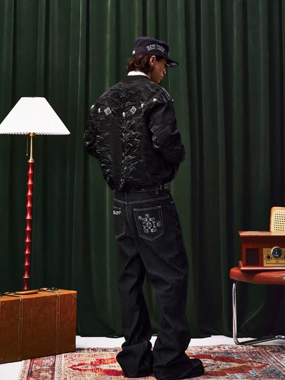 YADcrew Velvet PU Leather Pearl Jewelry Bomber Jacket