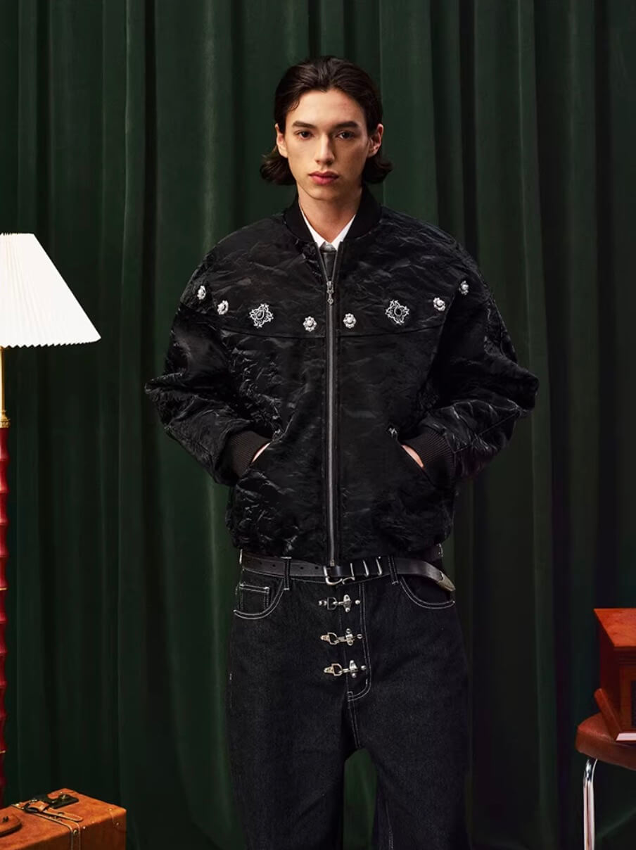 YADcrew Velvet PU Leather Pearl Jewelry Bomber Jacket