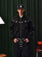 YADcrew Velvet PU Leather Pearl Jewelry Bomber Jacket