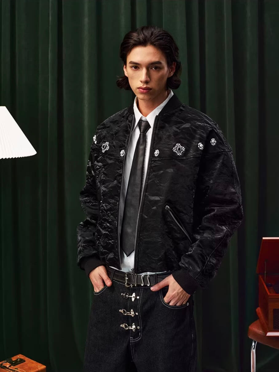 YADcrew Velvet PU Leather Pearl Jewelry Bomber Jacket