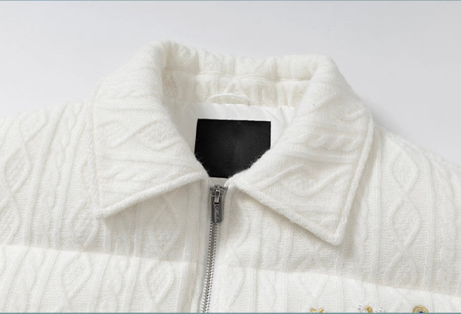 YADcrew x MEDM Cable Knit Pearl Embroidered Puffer Jacket