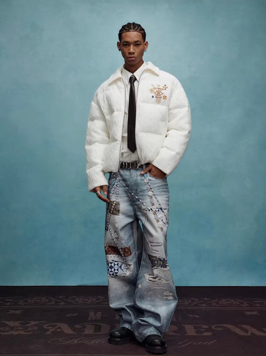 YADcrew x MEDM Cable Knit Pearl Embroidered Puffer Jacket