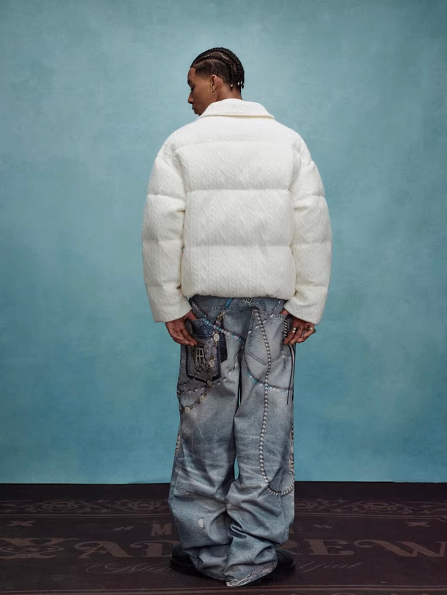 YADcrew x MEDM Cable Knit Pearl Embroidered Puffer Jacket